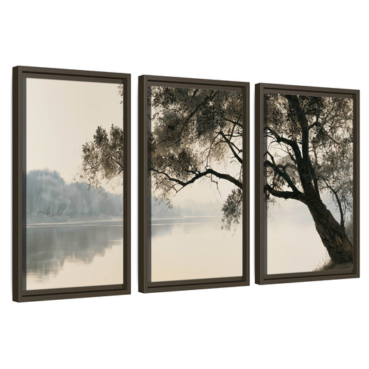Tree silhouette misty lake painting 3 piece framed canvas wall art set on a white background