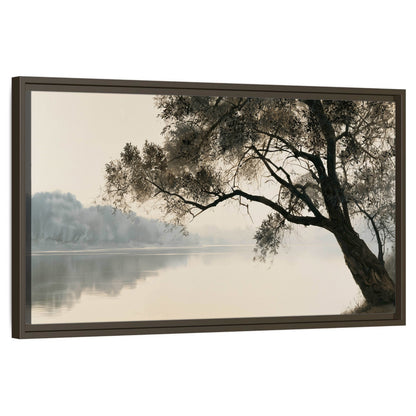 Tree silhouette misty lake painting framed canvas wall art on a white background
