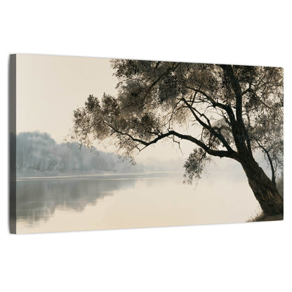 Tree silhouette misty lake painting stretched canvas wall art on a white background