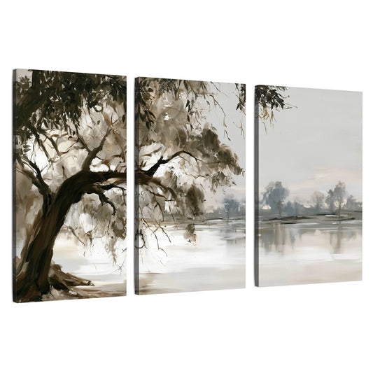 Lakeside tree sepia painting 3 piece canvas wall art set on a white background