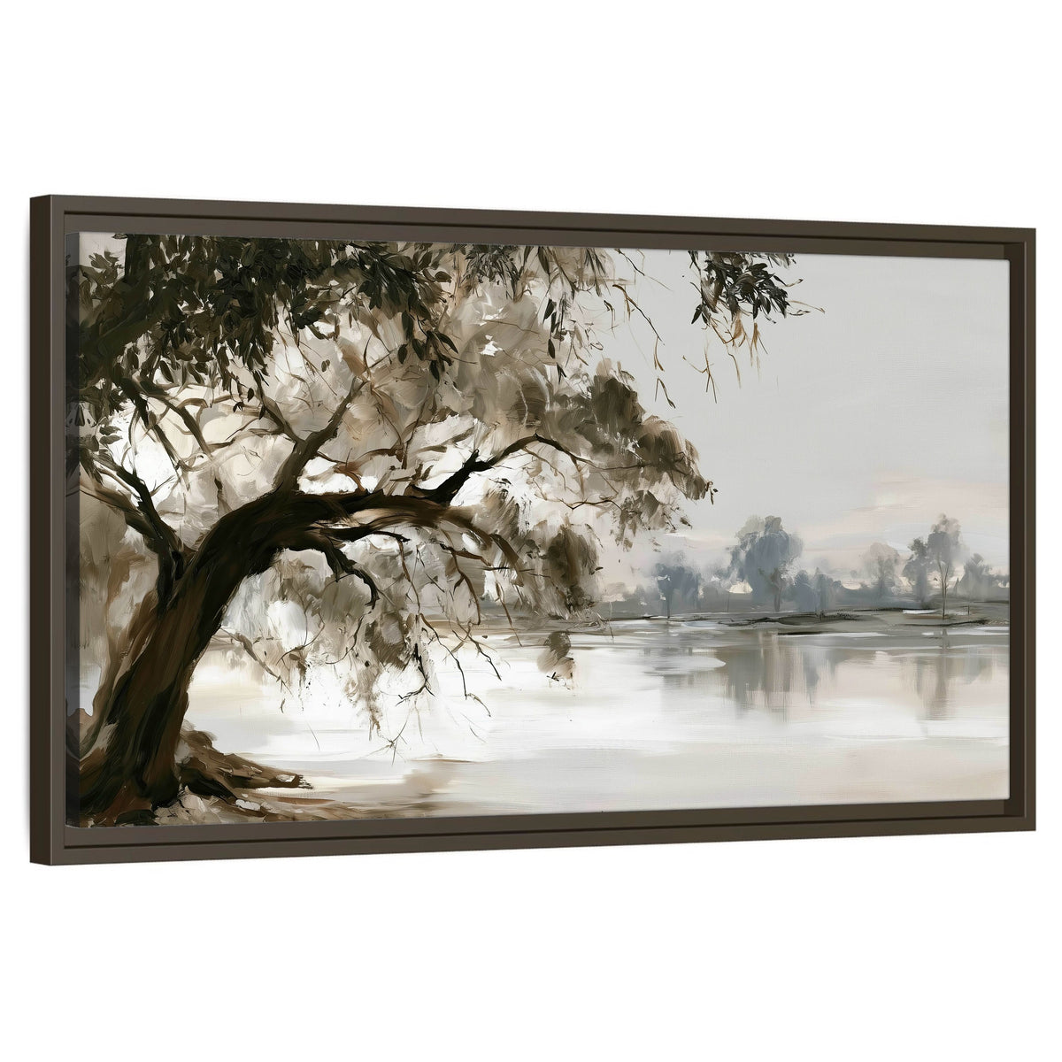 Lakeside tree sepia painting framed canvas wall art on a white background