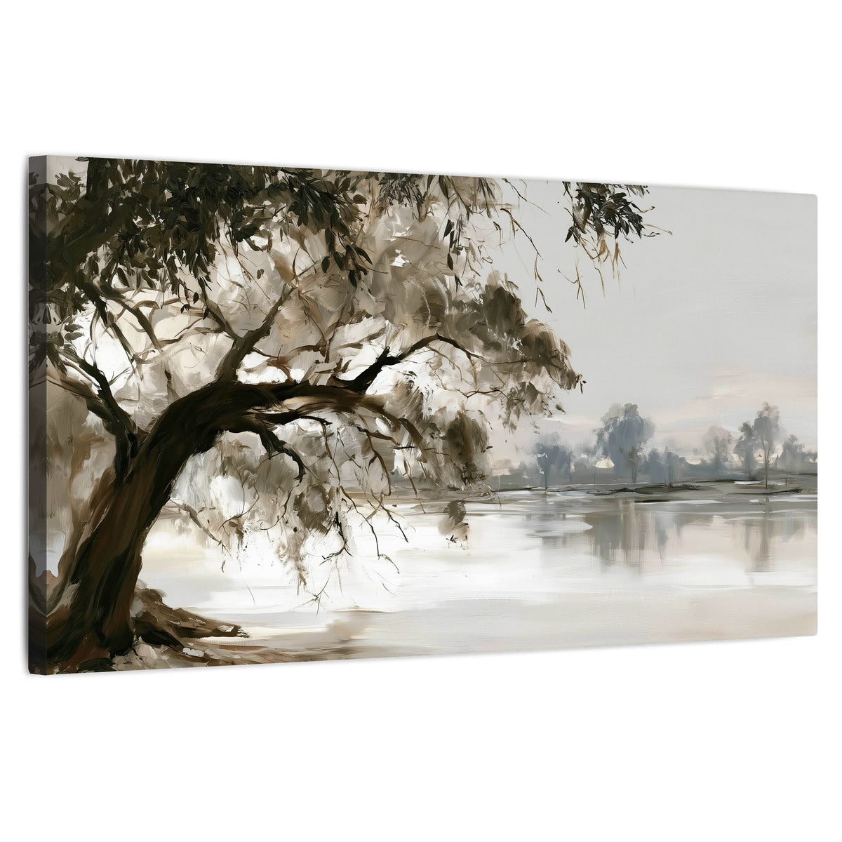 Lakeside tree sepia painting stretched canvas wall art on a white background