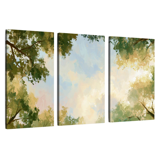 Tree canopy sky painting 3 piece canvas wall art set on a white background