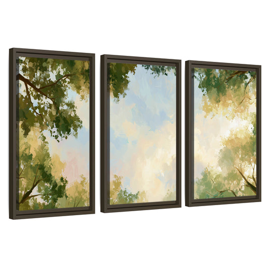 Tree canopy sky painting 3 piece framed canvas wall art set on a white background