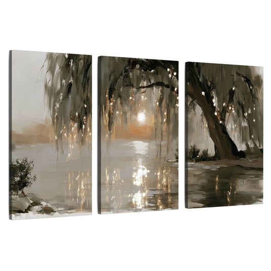 Willow tree sunset lake painting 3 piece canvas wall art set on a white background