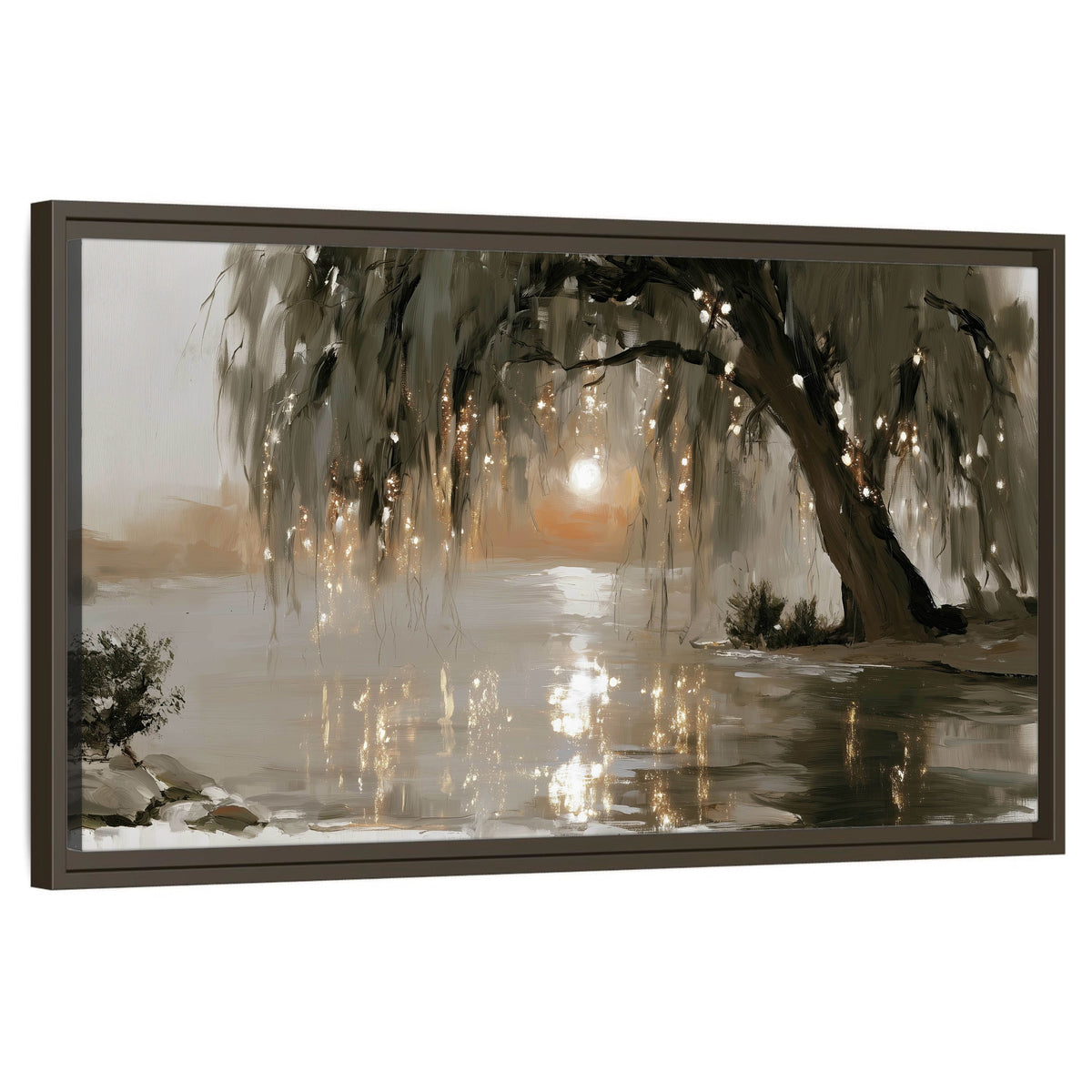 Willow tree sunset lake painting framed canvas wall art on a white background