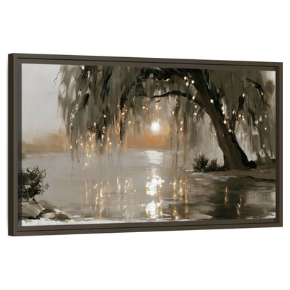 Willow tree sunset lake painting framed canvas wall art on a white background