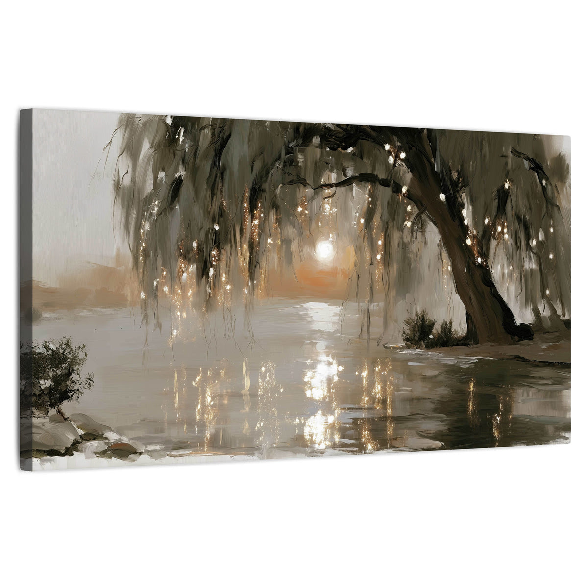 Willow tree sunset lake painting stretched canvas wall art on a white background