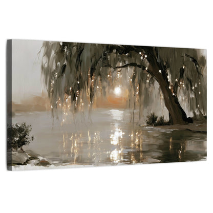 Willow tree sunset lake painting stretched canvas wall art on a white background