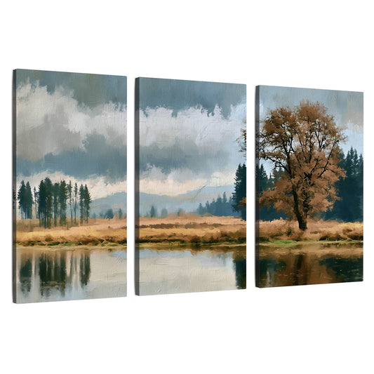 Autumn tree lake landscape painting 3 piece canvas wall art set on a white background