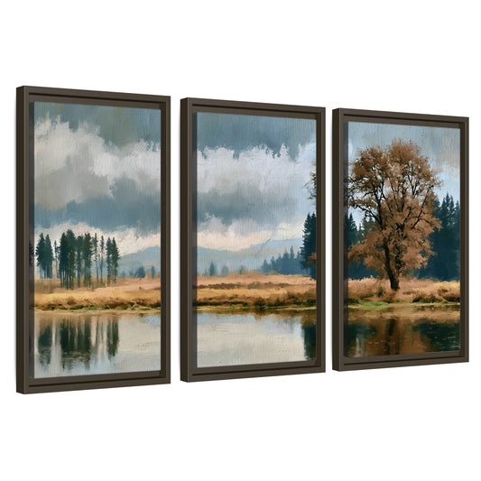 Autumn tree lake landscape painting 3 piece framed canvas wall art set on a white background