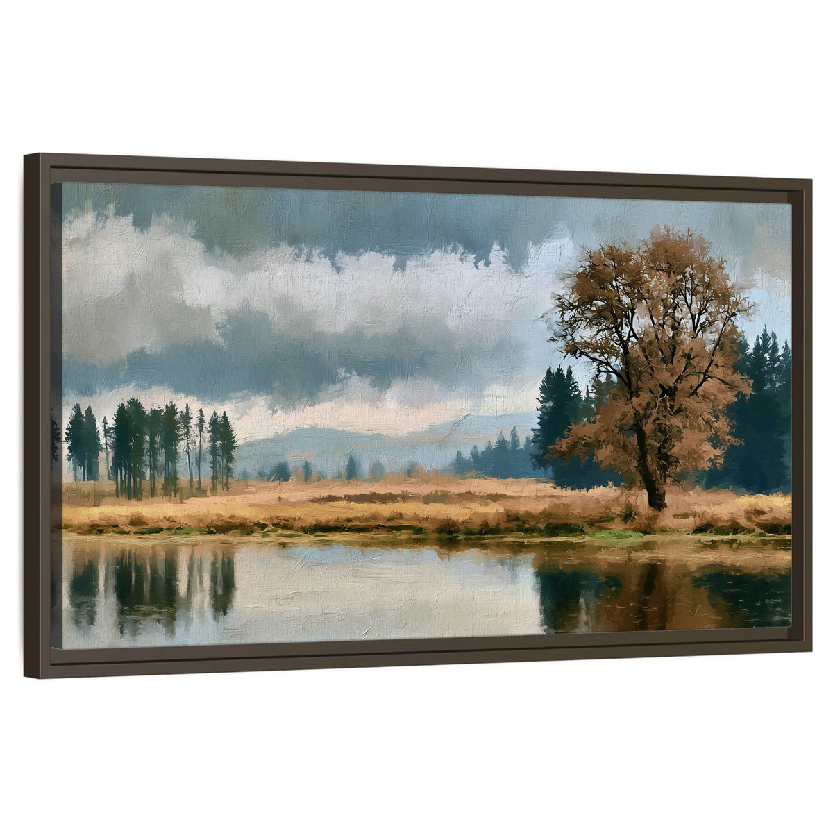 Autumn tree lake landscape painting framed canvas wall art on a white background