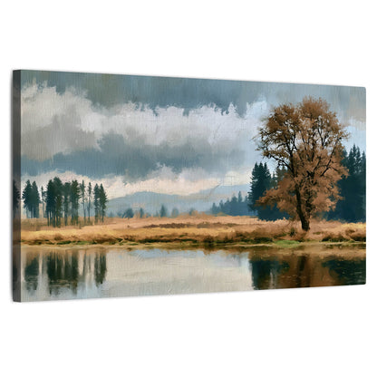 Autumn tree lake landscape painting stretched canvas wall art on a white background