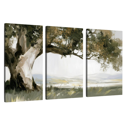 Old oak tree landscape painting 3 piece canvas wall art set on a white background