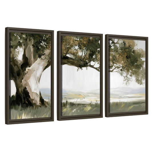 Old oak tree landscape painting 3 piece framed canvas wall art set on a white background