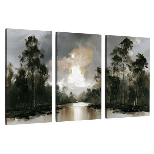 Moody river forest painting 3 piece canvas wall art set on a white background