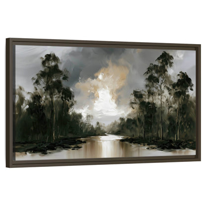 Moody river forest painting framed canvas wall art on a white background