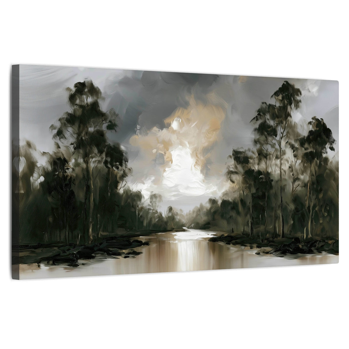 Moody river forest painting stretched canvas wall art on a white background
