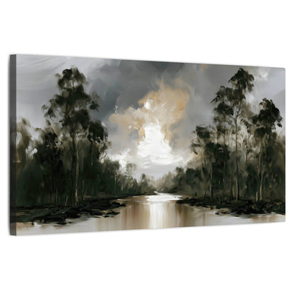 Moody river forest painting stretched canvas wall art on a white background