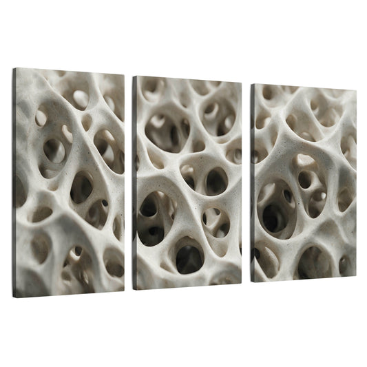 White organic texture abstract 3 piece canvas wall art set on a white background