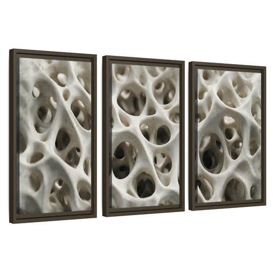White organic texture abstract 3 piece framed canvas wall art set on a white background