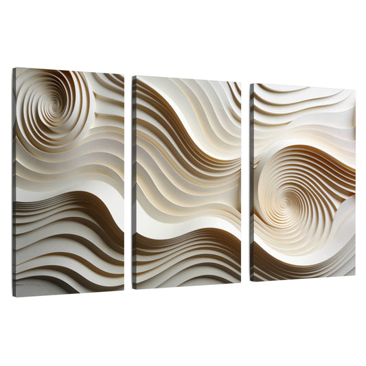 White swirl waves 3D abstract 3 piece canvas wall art set on a white background