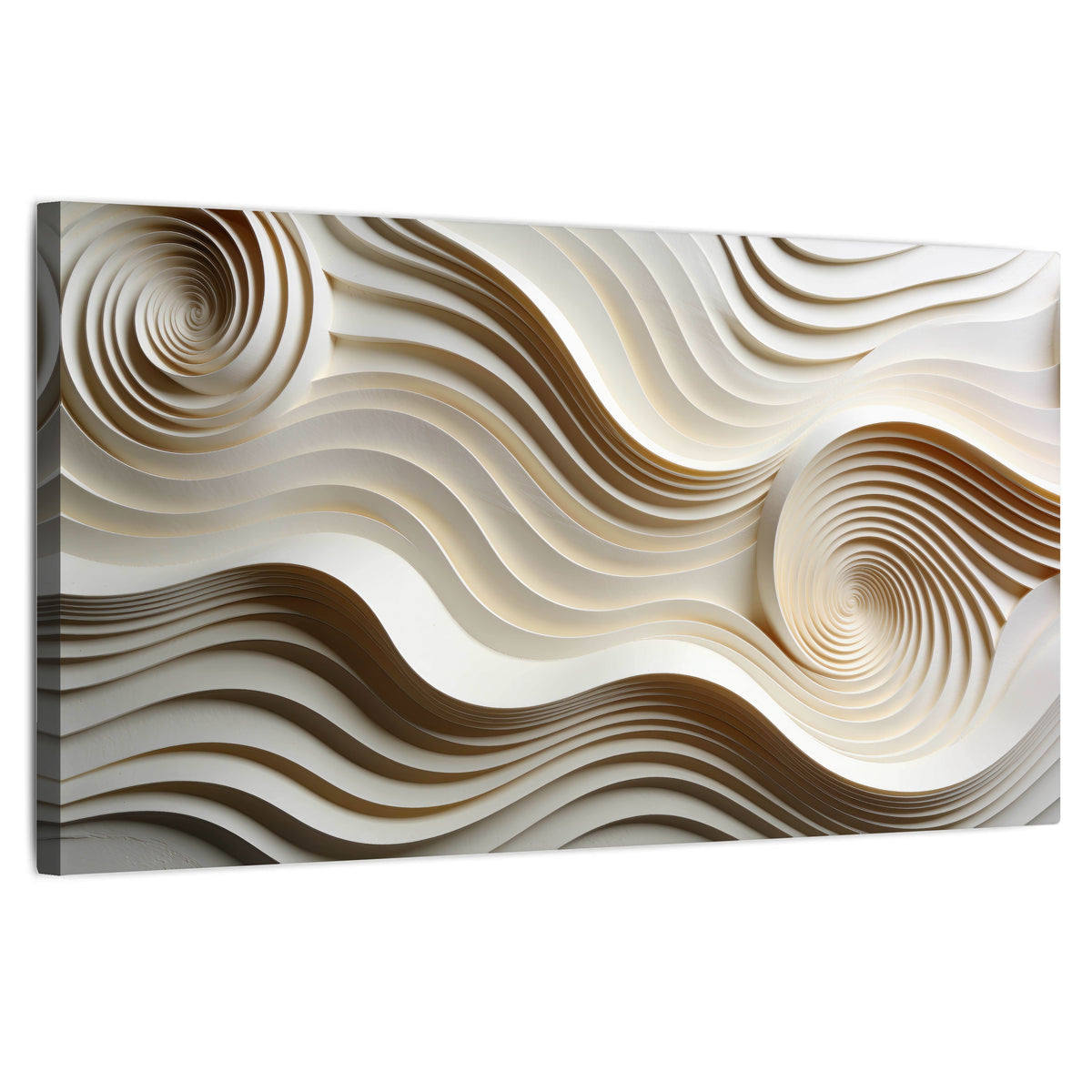 White swirl waves 3D abstract stretched canvas wall art on a white background
