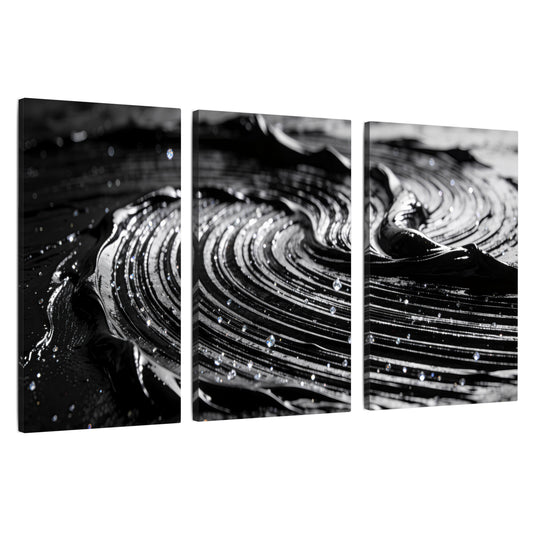 Black and silver swirl abstract painting 3 piece canvas wall art set on a white background