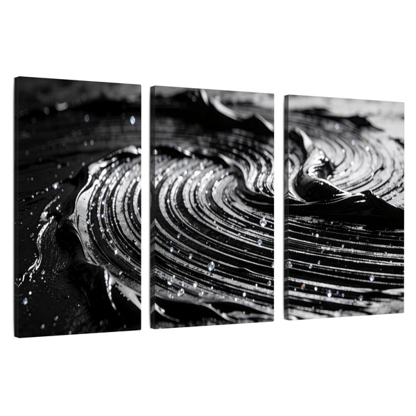 Black and Silver Abstract Wall Art – Glossy Swirl Texture with Crystals
