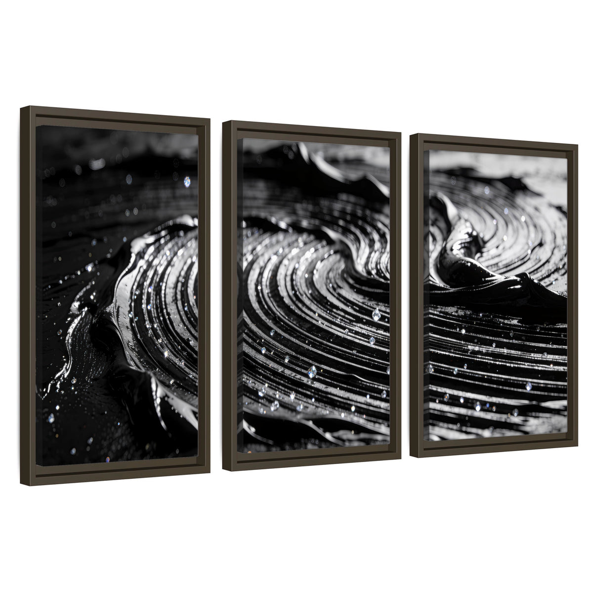Black and silver swirl abstract painting 3 piece framed canvas wall art set on a white background