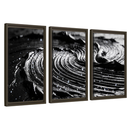 Black and silver swirl abstract painting 3 piece framed canvas wall art set on a white background
