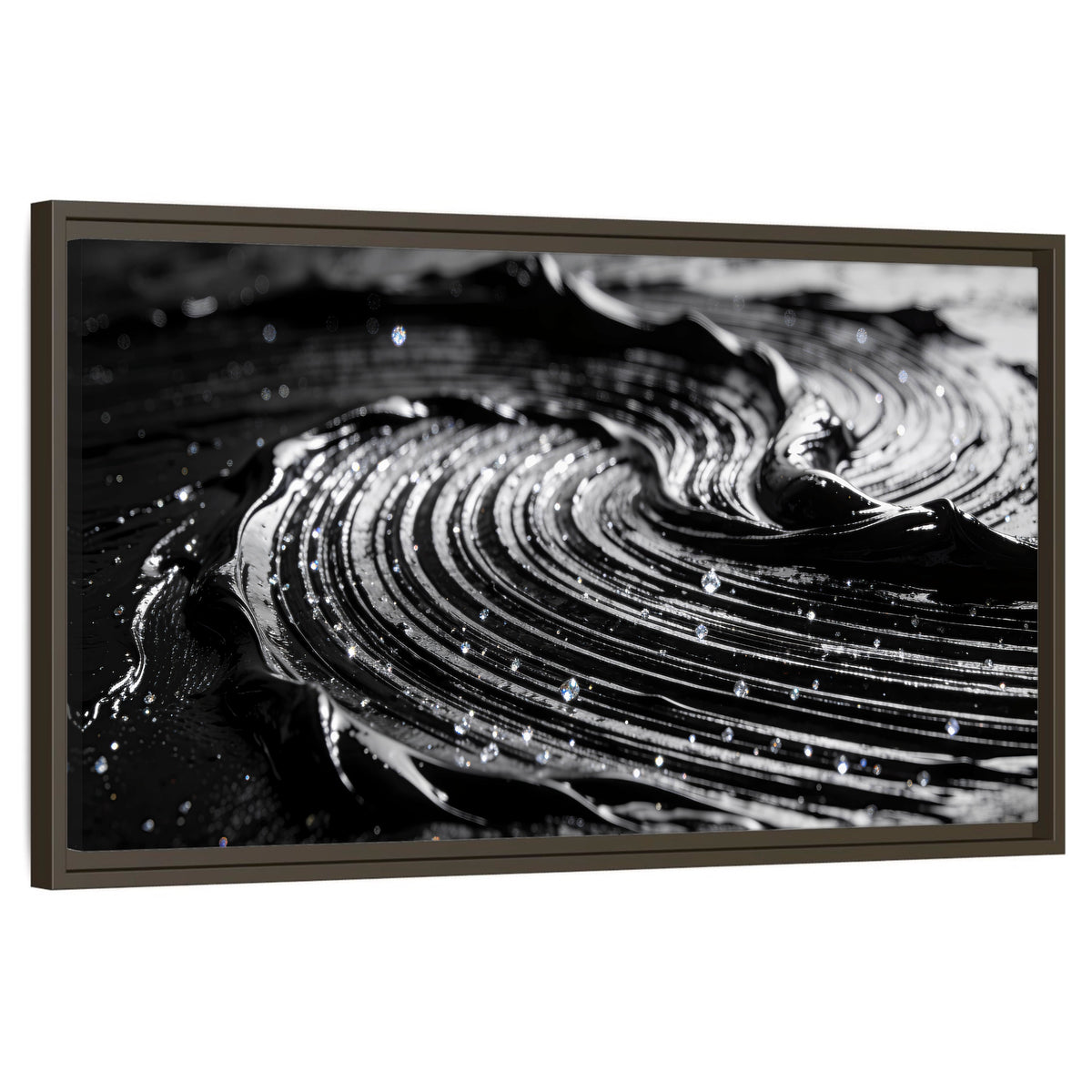 Black and silver swirl abstract painting framed canvas wall art on a white background