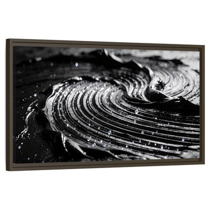 Black and silver swirl abstract painting framed canvas wall art on a white background