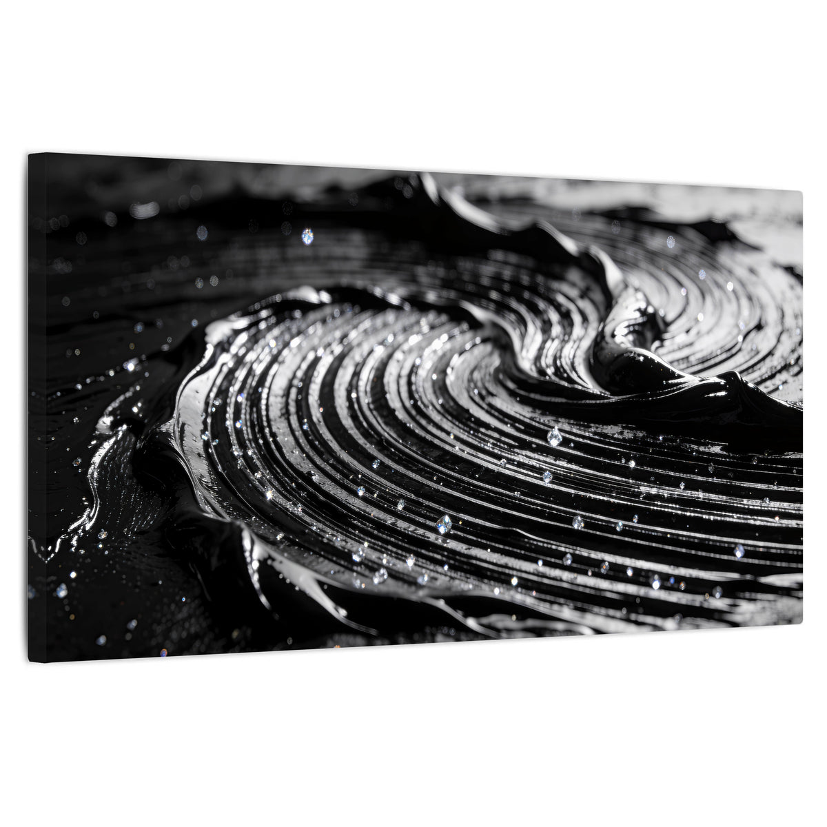 Black and silver swirl abstract painting stretched canvas wall art on a white background