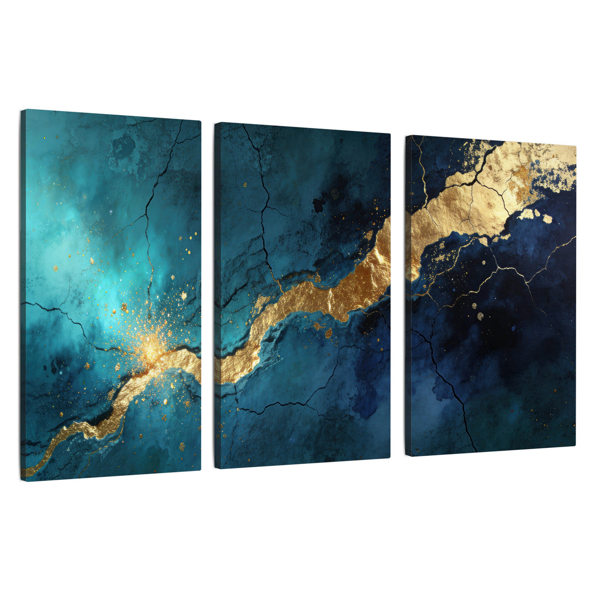 Teal and gold kintsugi abstract painting 3 piece canvas wall art set on a white background