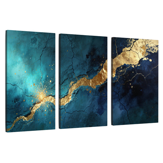 Teal and gold kintsugi abstract painting 3 piece canvas wall art set on a white background