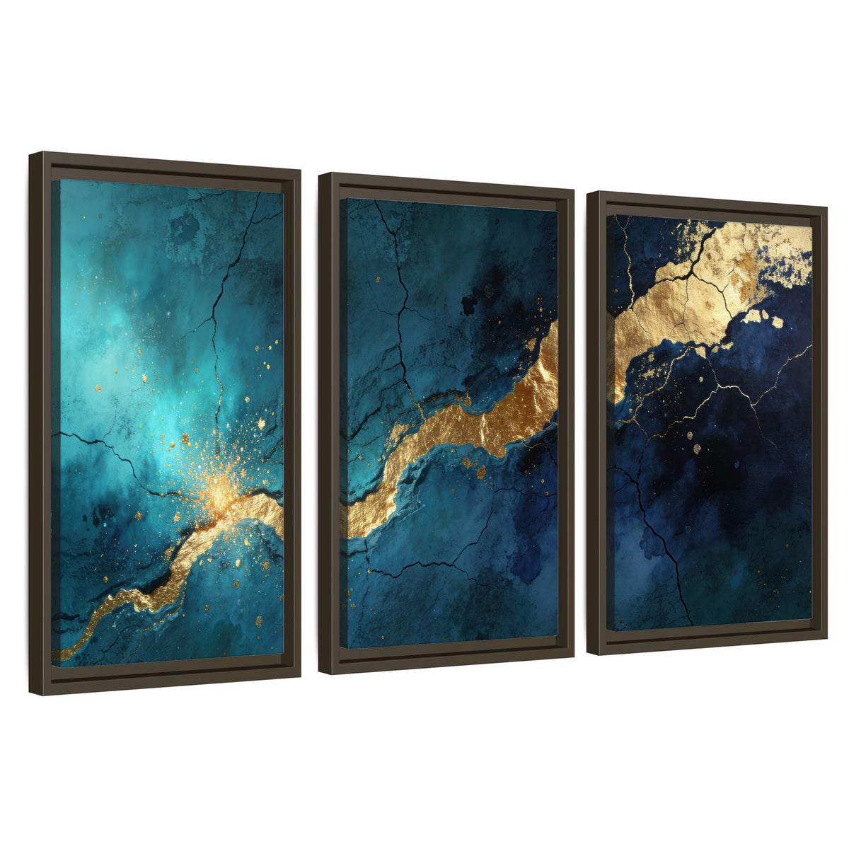 Teal and gold kintsugi abstract painting 3 piece framed canvas wall art set on a white background