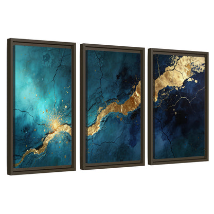 Teal and gold kintsugi abstract painting 3 piece framed canvas wall art set on a white background