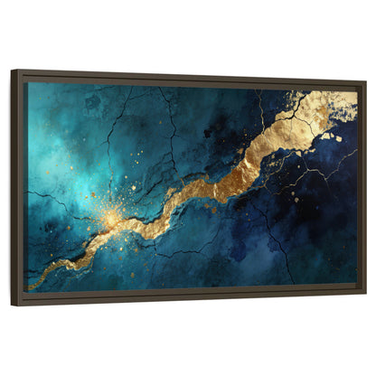 Teal and gold kintsugi abstract painting framed canvas wall art on a white background