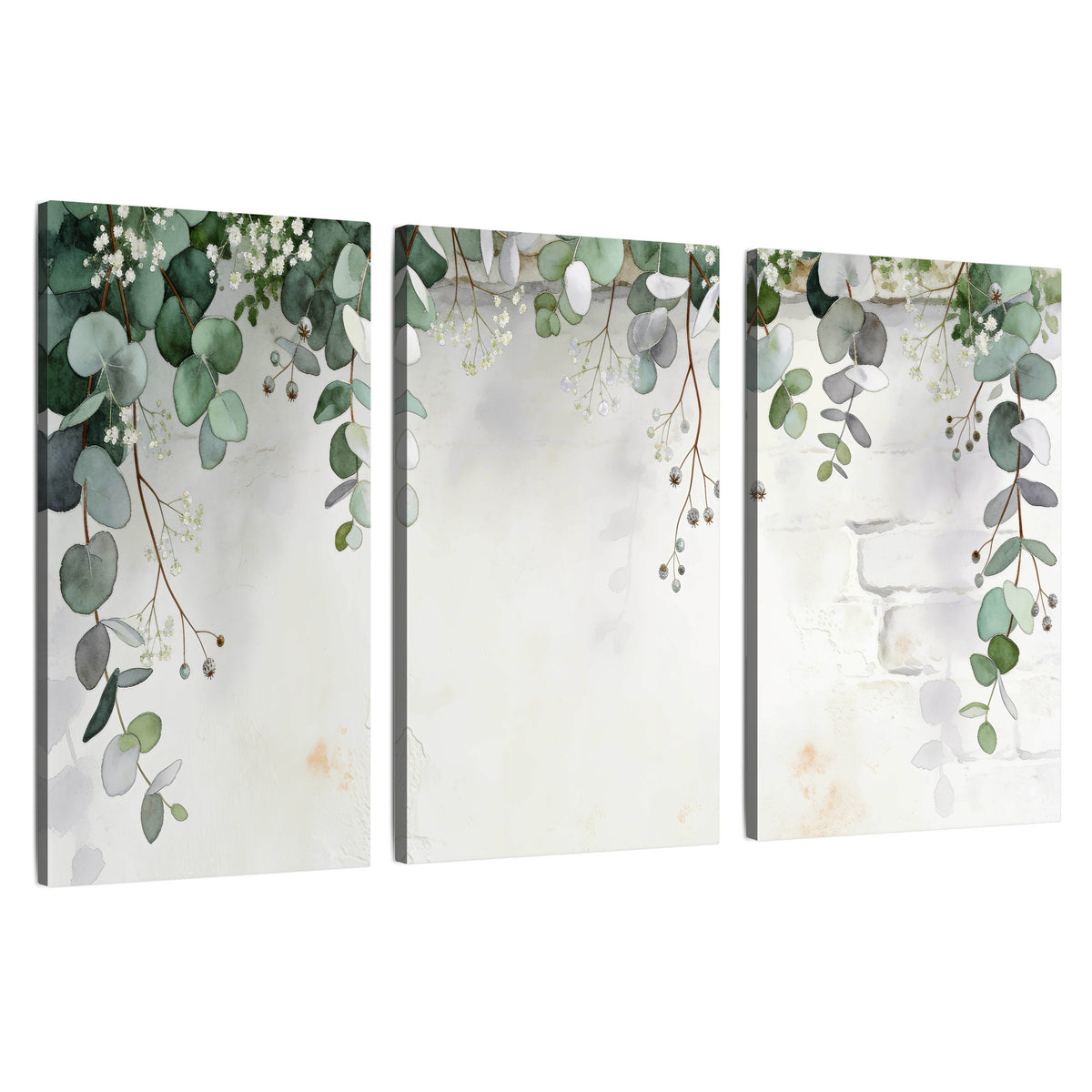 Watercolor eucalyptus greenery painting 3 piece canvas wall art set on a white background