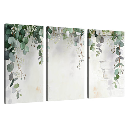 Watercolor eucalyptus greenery painting 3 piece canvas wall art set on a white background