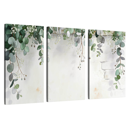 Watercolor eucalyptus greenery painting 3 piece canvas wall art set on a white background