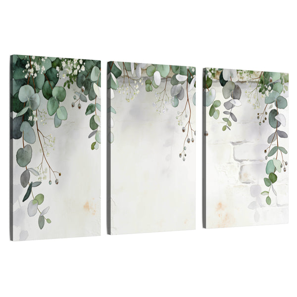 Watercolor Eucalyptus Wall Art – Greenery & Baby's Breath on White Brick