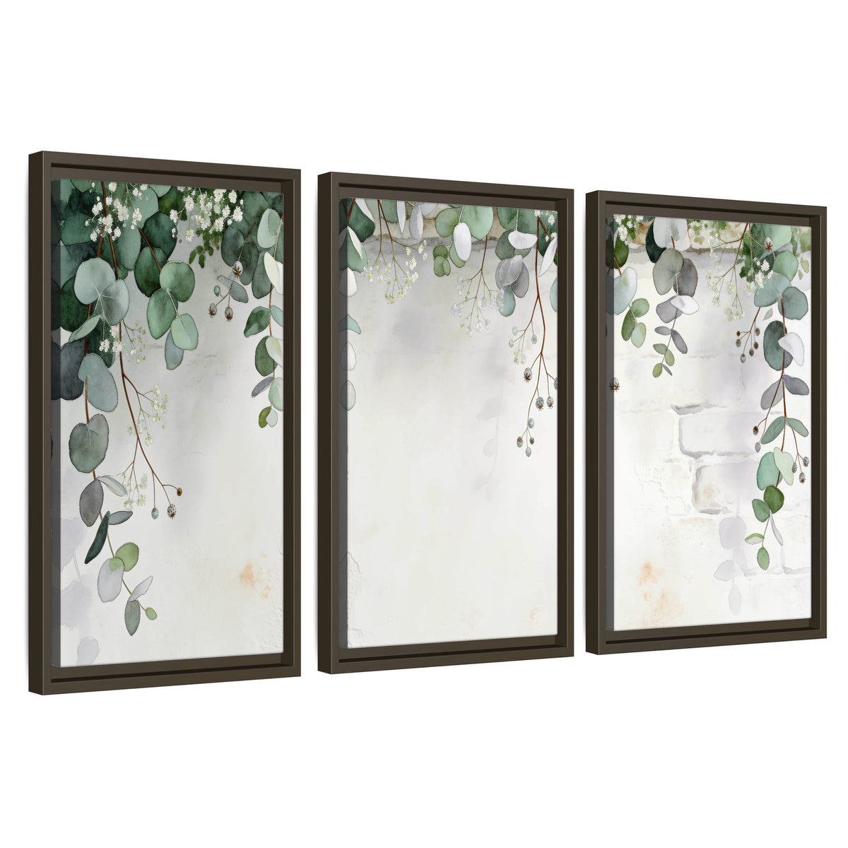 Watercolor eucalyptus greenery painting 3 piece framed canvas wall art set on a white background