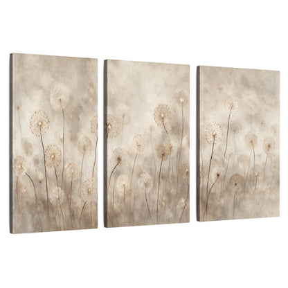 Misty dandelion field painting 3 piece canvas wall art set on a white background