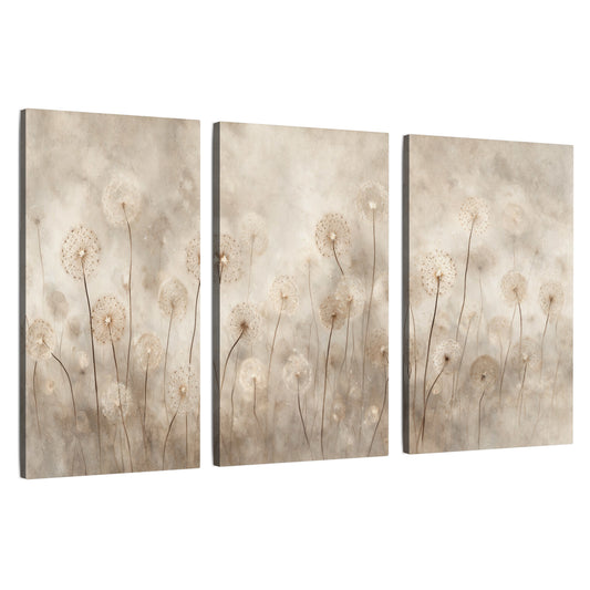 Misty dandelion field painting 3 piece canvas wall art set on a white background