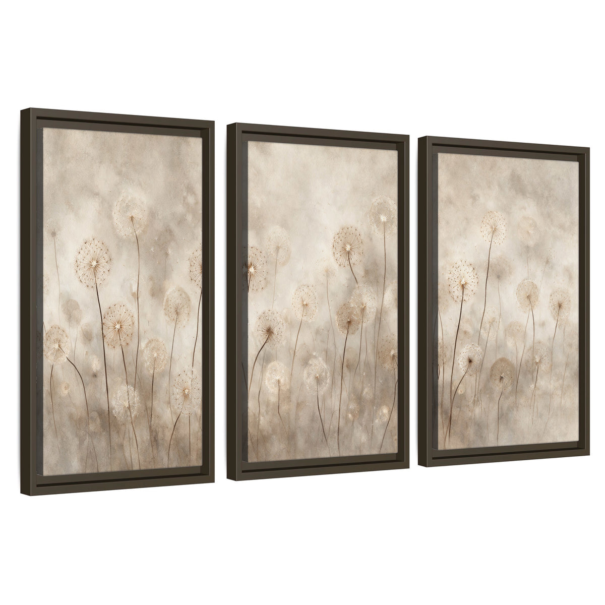 Misty dandelion field painting 3 piece framed canvas wall art set on a white background