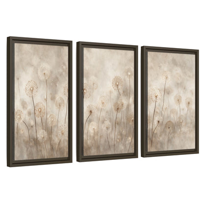 Misty dandelion field painting 3 piece framed canvas wall art set on a white background