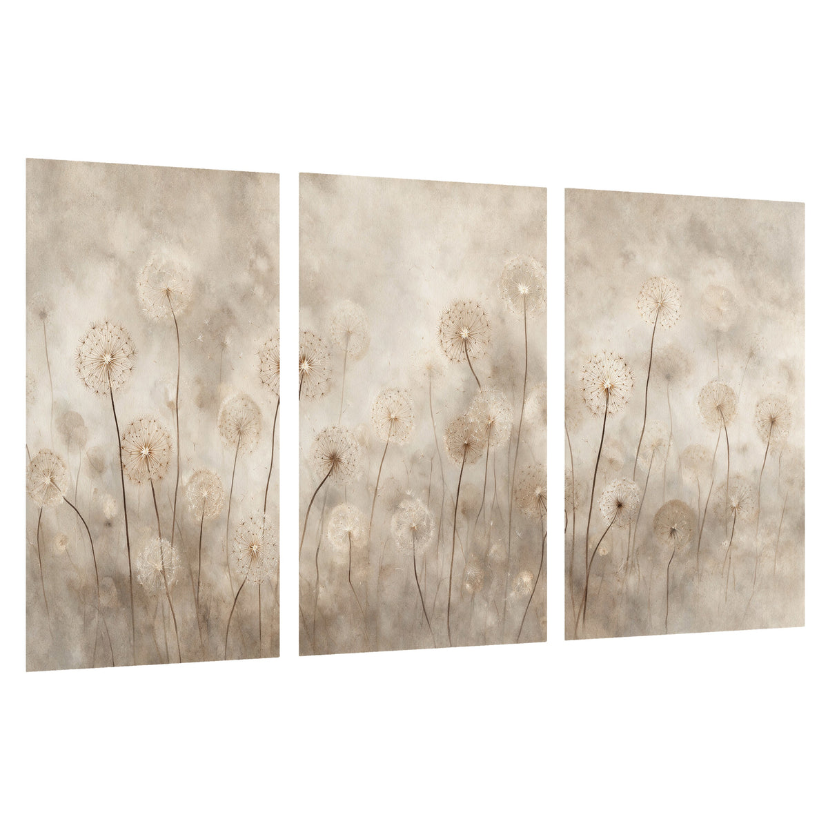 Misty dandelion field painting set of 3 poster prints on a white background