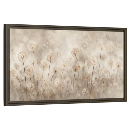 Misty dandelion field painting framed canvas wall art on a white background
